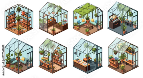 Greenhouse interiors with plants and furniture