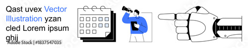 Future planning, scheduling, exploration, innovation, organization, decision-making. Person with a telescope and a calendar, hand gesture and creative robotic arm. Exploration and future planning