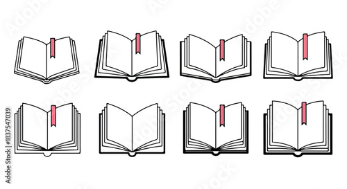 Open books with bookmarks, various angles