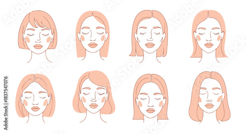 Woman faces outline style portraits with soft blush