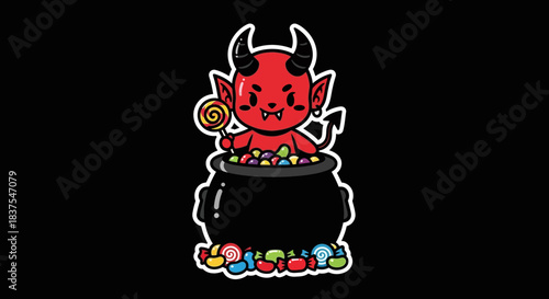 Charming devil cartoon character with a candy lollipop in a cauldron full of halloween treats