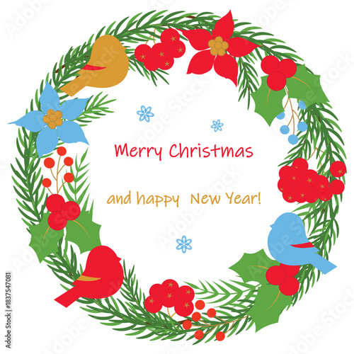 Green Christmas wreath made of fir branches, decorated with poinsettia flowers, holly berries, rowan twigs, berries, and bullfinches on a white background. Vector color illustration.