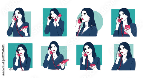 Woman talking on phone with retro handset