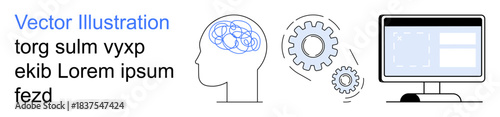 Artificial intelligence, problem solving, technology innovation, mental processes, digital development, programming. Head with brain, gears computer screen. Artificial intelligence and problem