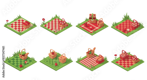 Picnic scenes with baskets and checkered blankets