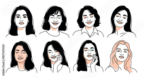 Women faces with closed eyes in simple line style