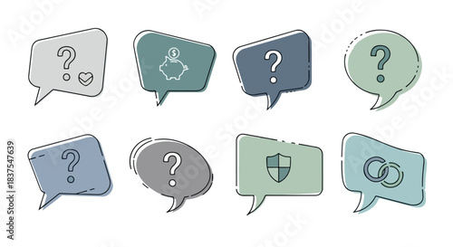 Question mark speech bubbles with icons for various concepts