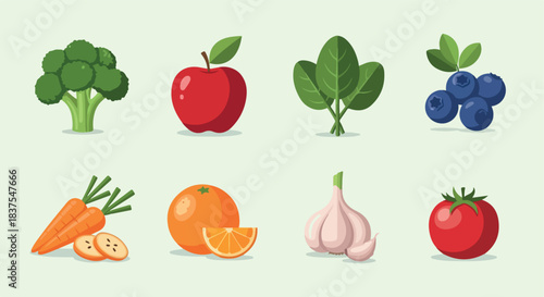 Healthy fruits and vegetables collection with transparent background