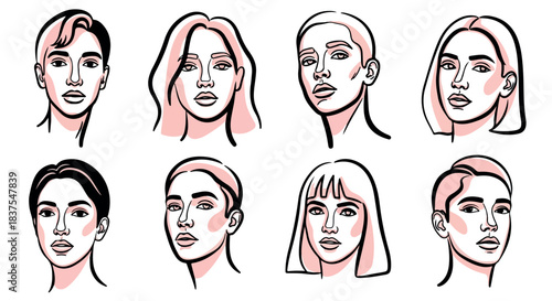 Diverse female faces line art portraits with transparent background