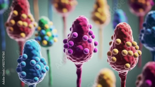 Abstract close-up of colorful bulbous shapes, like cells or organisms, dotted with spheres on slender stems