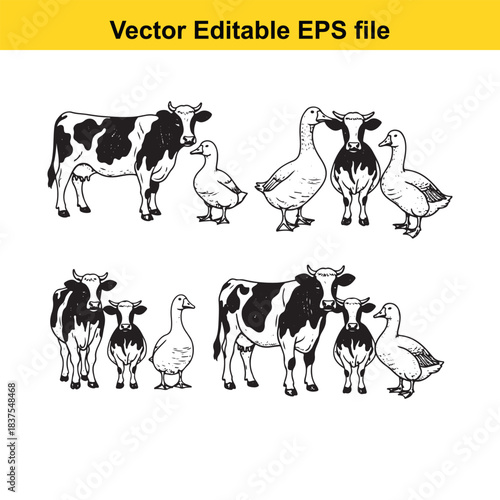  hand drawn farm animals vector set cows, calves, and geese in sketch style illustrations