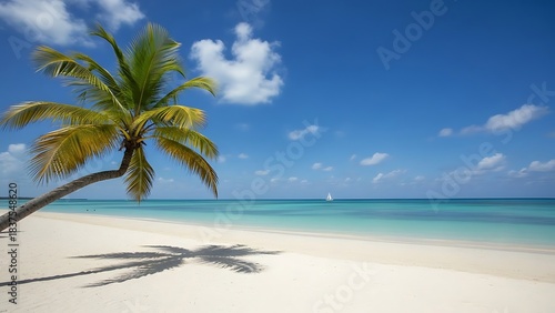 Fototapeta Naklejka Na Ścianę i Meble -  Tropical Paradise - Palm Tree on White Sand Beach with Turquoise Ocean and Blue Sky.