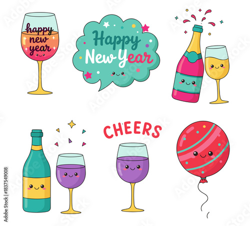 Kawaii New Year Vector Sticker Pack – Wine Glass, Speech Bubble, Champagne Bottle, Flute, Wine Duo and Festive Icons, Isolated PNG for Party Crafts, Kids and Holiday Decor