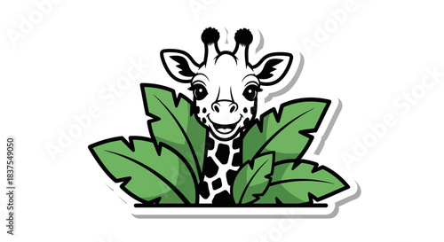 Adorable giraffe cartoon character hiding behind lush green tropical leaves illustration