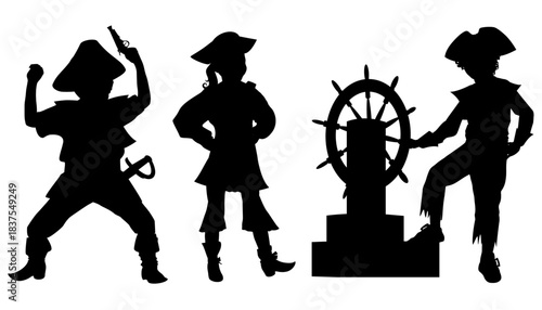  Children silhouettes in pirate costumes. Vector illustration