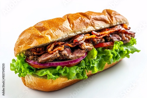 Delicious healthy bacon and turkey sandwiches with fresh lettuce and tomato on white isolated bread for lunch or a quick snack