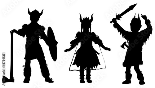  Children silhouettes in Viking costumes. Vector illustration	
