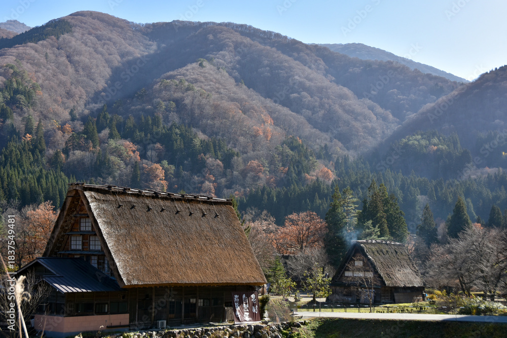 Obraz premium 紅葉に包まれる白川郷