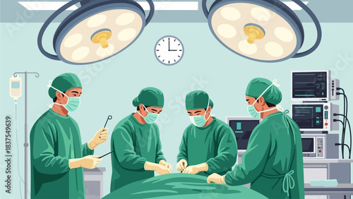 Professional Surgical Team Performing Operation in Modern Operating Room - Vector Illustration