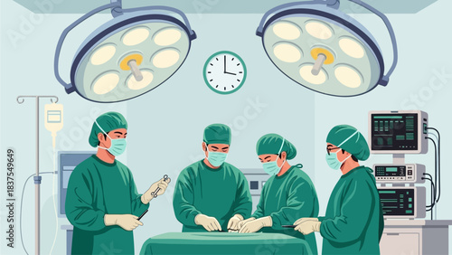 Professional Surgical Team Performing Operation in Modern Operating Room - Vector Illustration