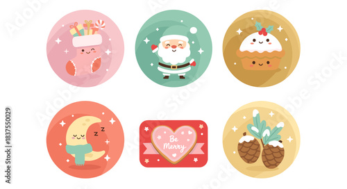 Holiday Cheer Badges Icons Sticker Set – 6 Isolated PNG Icons Stocking, Santa, Mince Pie, Moon, Cookie & Pine Cones Icons