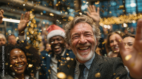 Cheerful group of diverse people celebrating at festive indoor party with golden confetti, holiday lights, concept of christmas and new year