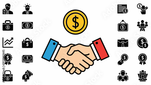 Business Handshake and Financial Icons Set Deal Agreement Keywords: business, handshake, finance, money, dollar, coin, deal