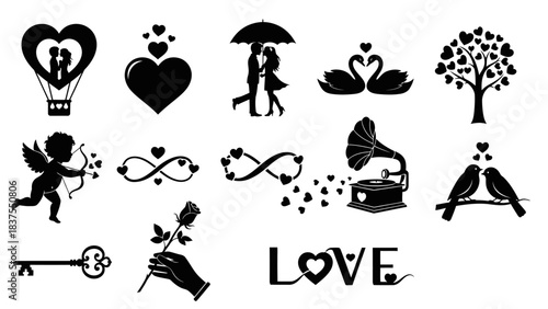 Valentine's Day Silhouette Icons Collection Romantic Symbols Keywords: valentine, love, heart, romance, couple, hot air