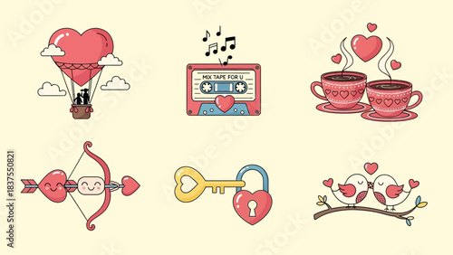 Valentine's Day Themed Illustrations With Hot Air Balloon Music Cassette And Birds Keywords: valentine, love, heart, hot air