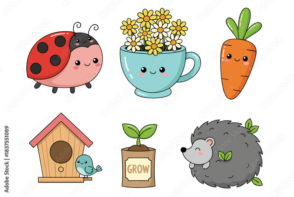 Fototapeta premium Cute Garden Kawaii Vector Sticker Set – 6 Isolated PNG Icons Ladybug, Teacup Planter, Carrot, Birdhouse, Sprout & Hedgehog – Bold Outline, Crisp Edges
