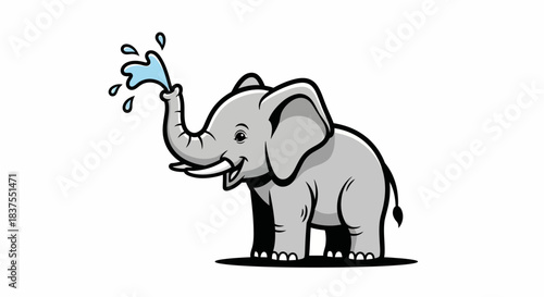 Cheerful elephant cartoon character spouting water from its trunk on white background
