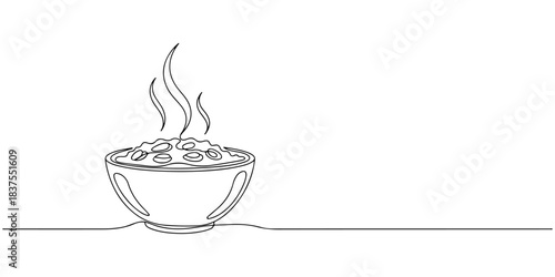 Continuous one line of a bowl of oatmeal, representing wholesome breakfasts, energy, and nutrition, hand drawn vector illustration.