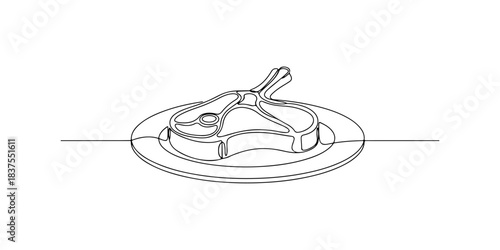 Continuous one line of a simple steak on a plate, representing hearty meals, daily dining, and protein-rich food, hand drawn vector illustration.