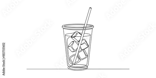Continuous one line of a cup of iced drink with a straw, symbolizing refreshment, daily beverages, and modern lifestyle, hand drawn vector illustration.