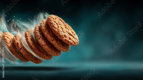 Stack of cookies with motion blur effect against a dark blue background.