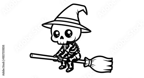 Cute cartoon skeleton witch flying on a broomstick for halloween design isolated on white background