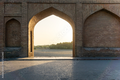 Si-o-Se Pol Bridge, a landmark historical bridge over the dried up Zayandehrud river in Isfahan, Iran