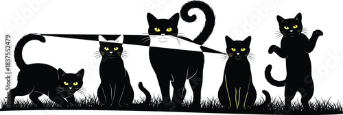 Black cats, yellow eyes, geometric connection, stylized pose, white patch, grassy ground, vector art, feline silhouette, minimal, artistic, mysterious