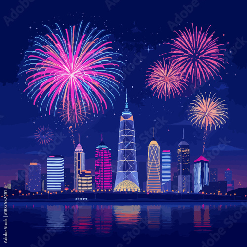 Spectacular nighttime cityscape adorned with vibrant fireworks illuminating the sky above modern illuminated skyscrapers reflecting on the calm water