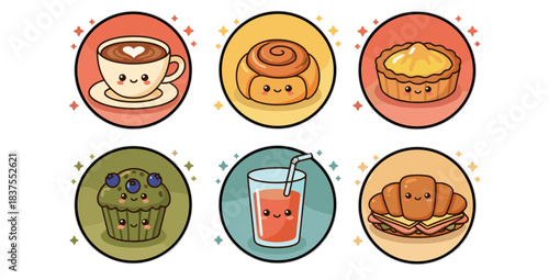 Brunch Bliss Icons Sticker Set – 6 Isolated PNG Icons Latte, Cinnamon Roll, Lemon Tart, Blueberry Muffin, OJ & Croissant Sandwich Icons
