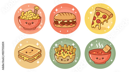 Comfort Food Friends Icons Sticker Set – 6 Isolated PNG Icons Mac & Cheese, Meatball Sub, Pizza, Grilled Cheese, Loaded Fries & Tomato Soup Icons