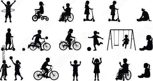 Children silhouette, inclusive play, wheelchair kids, outdoor activity, hula hoop, scooter, tricycle, swing set, ball game, diverse recreation, vector art