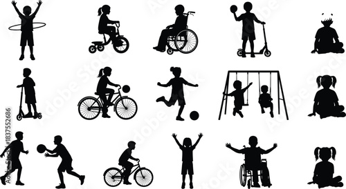 Children silhouette, inclusive play, wheelchair kids, outdoor activity, hula hoop, tricycle, scooter, swing, ball game, vector art, movement pose