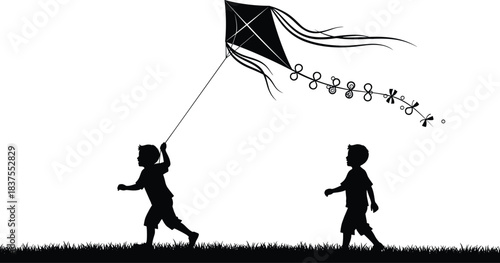Children silhouette, kite flying, outdoor play, grassy ground, playful pose, childhood joy, walking child, vector art, wind, movement, freedom