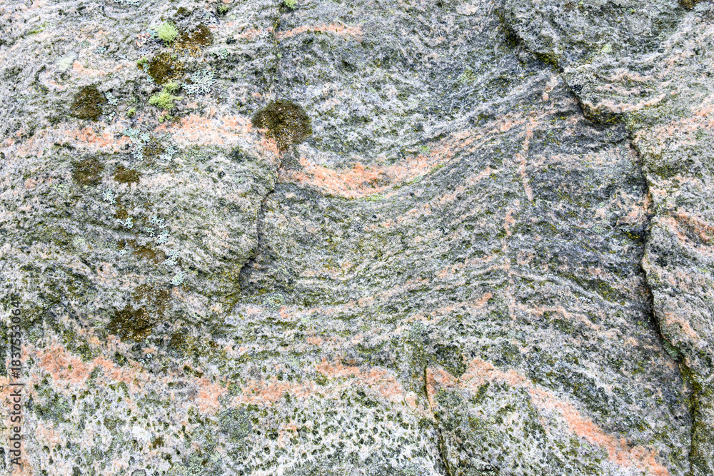 Obraz premium Closeup of weathered rock of a standing stone with wavy curved lines if gray and orange, and bits of lichen, as a nature background 