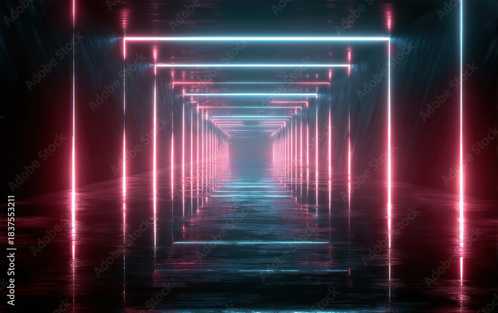 Fototapeta premium Abstract futuristic tunnel with neon lights and reflective surface