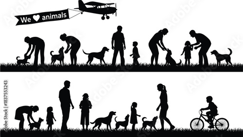 Dog lovers, silhouette people, outdoor activity, pet care, family fun, grassy field, animal bond, vector art, banner, playful, black