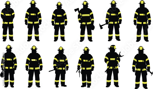 Firefighter silhouette, protective gear, emergency tools, helmet, hose, axe, rescue team, safety uniform, vector art, emergency response, standing pose