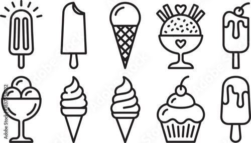 Black-and-white icons of frozen desserts including ice cream, popsicles, and cupcakes