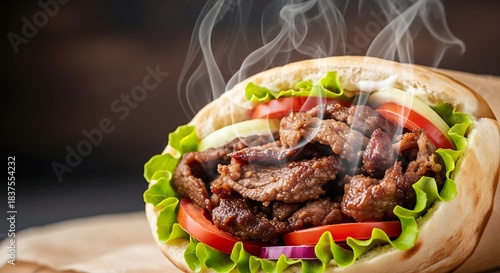 Fototapeta Naklejka Na Ścianę i Meble -  Delicious Shawarma Wrap with Fresh Vegetables and Tender Meat.